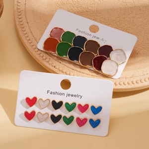 24-pair set of geometric square and heart colorful enamel gold stud earrings