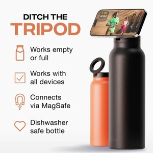 Detail view of MagSafe compatible magnetic phone mount on stainless steel water bottle