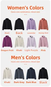 Detail view of polar fleece jacket color options in navy blue, charcoal, and warm khaki