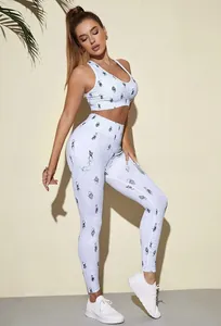Detail of high-stretch yoga set featuring ribbed fabric and cute cactus pattern prints