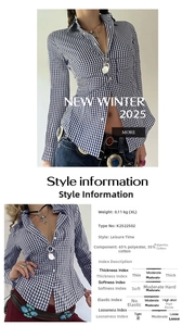 Detailed size guide and fabric specs for blue checkered long sleeve button-up shirt