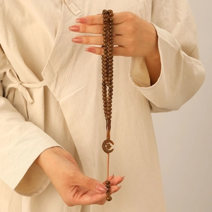 99-bead brown wooden prayer tasbih with crescent moon star pendant for religious meditation