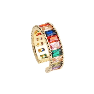 Gold open adjustable ring featuring colorful rectangle-cut zircon crystals in a minimalist style