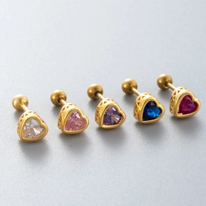Titanium steel heart zircon cartilage earrings set in five vibrant colors with screw backs