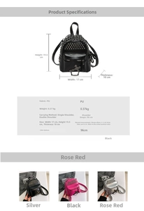Size chart for mini punk rivet backpack showing dimensions 17x19.5x10cm and PU material