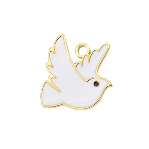 Golden plated white dove bird charm pendant with black eye detail on white background