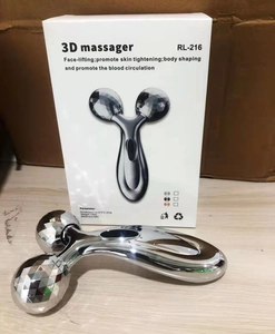 Macro detail of RL-216 3D face roller massager with metallic finish and packaging