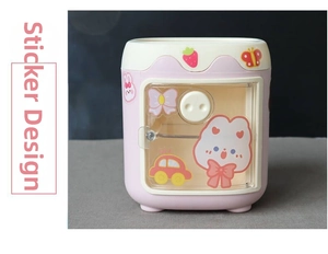 Detail of pink pig-shaped desk organizer with cute stickers and transparent door