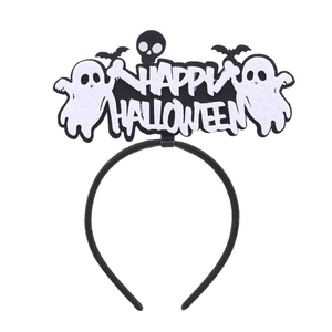 Détail du serre-tête d'Halloween avec fantôme en feutre et texte Happy Halloween blanc