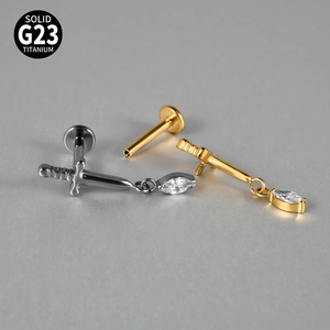 Solid G23 titanium sword piercing jewelry with marquise zircon in gold and silver