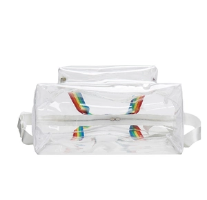 Top view of transparent PVC backpack showing white straps and rainbow inner bottom detail