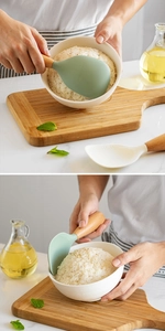 Detail of green and white silicone rice paddles with anti-stick texture and wood handles