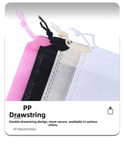 Detail of colorful PP non-woven drawstring bags with reinforced thermal seals and dual ropes