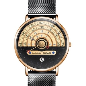 Detail shot of Gadyson quartz watch with rose gold case, calendar and black mesh band