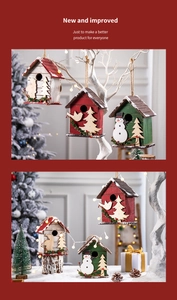 Detailed view of wooden Christmas birdhouse ornaments hanging on festive branches