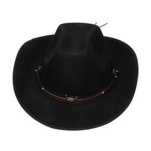 Close-up of black wool felt cowboy hat with leather band and silver bull skull ornament