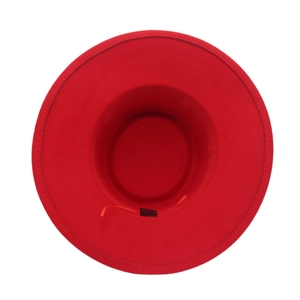Detail of red wool felt fedora showing interior sweatband and adjustable drawstring cord