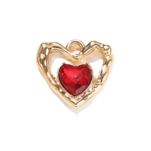 Golden heart pendant with red crystal stone and hollow alloy frame for DIY jewelry making