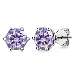 Macro view of 925 sterling silver six-prong setting with a brilliant purple moissanite