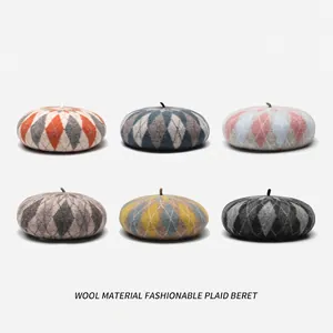 100% Wool Beret Hat For Women Vintage Argyle Checkered Pattern Warm Thickened Autumn Winter Painter Hat Adjustable