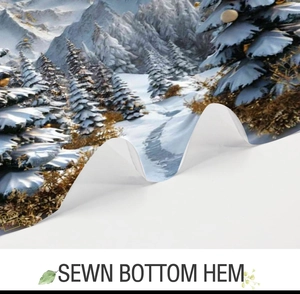 Detail showing the professional sewn bottom hem on the 3D printed snow forest shower curtain