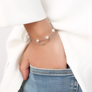 Bracelet double rangée en acier inoxydable argenté avec perles blanches pour femmes