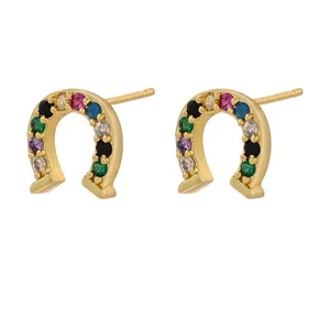 Minimalist gold brass horseshoe earrings with multicolored micro-pave crystals