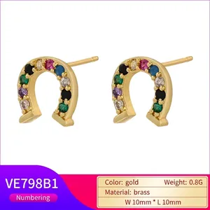 Minimalist gold brass horseshoe earrings with multicolored micro-pave crystals
