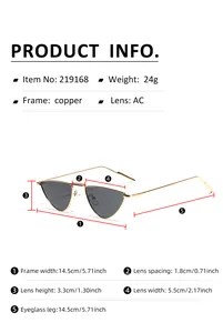 Detailed sizing chart and specifications for vintage cat-eye copper frame sunglasses