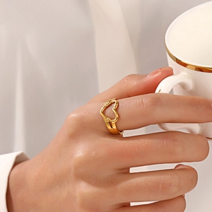 Hollow Heart Ring Stainless Steel Gold Plated Adjustable Open Ring Simple Vintage Jewelry For Women Girls