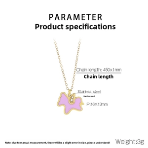 Detailed size chart of a golden unicorn pendant necklace with purple enamel inlay