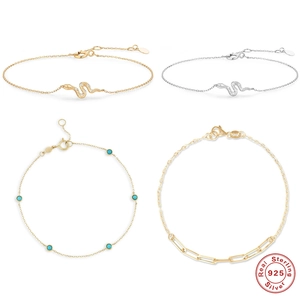 925 Sterling Silver Bracelet For Women With Snake Charm Zirconia Turquoise Bead Paperclip Chain Dainty Jewelry