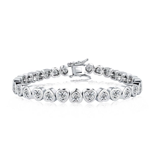 Sparkling silver heart-shaped tennis bracelet with 3A zircon stones on white background