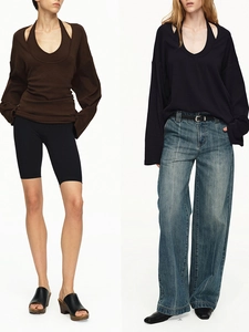 Women Double Layered Long Sleeve T-Shirt Cotton Blend Knit Halter Neck V Neck Casual Slim Waist Cinching Top