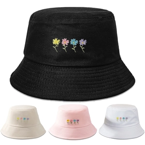 Chapeau Bob En Coton Pour Femmes Avec Broderie De Quatre Fleurs Large Bord Protection Solaire Mode Été Décontracté