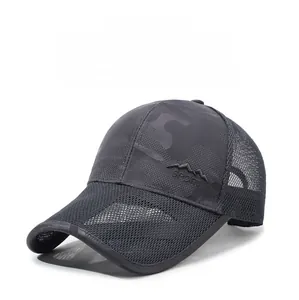 Detail of breathable grey camouflage mesh baseball cap with side Sport embroidery