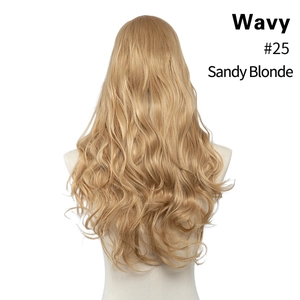 Detailed back view of long sandy blonde wavy wig with voluminous curls and realistic texture