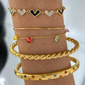 Gold stainless steel multi-layer bracelet set with colorful zircon heart charms
