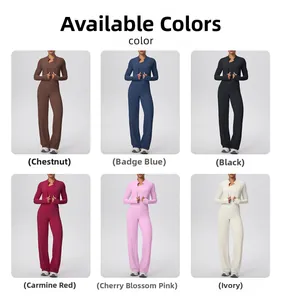 Three-piece yoga set showing six available colors with zip jacket and wide-leg pants