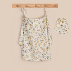 Floral cotton breastfeeding cover with adjustable neck strap and matching storage pouch