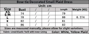 Detailed size chart for the bow-decorated plaid mini dress with measurements in centimeters