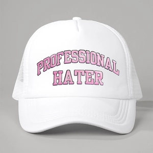 Close-up of white trucker hat with pink Professional Hater embroidery and mesh back