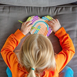 Detailed view of child playing with a heart-shaped wooden sensory maze board on a sofa