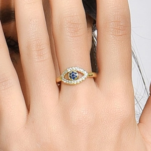 18K gold plated evil eye open ring with blue zircon inlay and sparkling white crystals