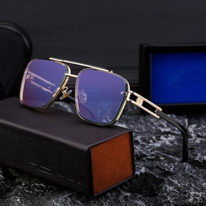 Men's stylish square gold metal sunglasses with deep blue lenses on leather case