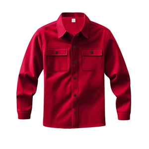 Close-up of red casual shirt jacket with turndown collar and cargo chest pockets