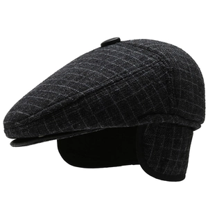 Men's dark grey plaid flat cap with ear flaps made of thick wool for winter warmth