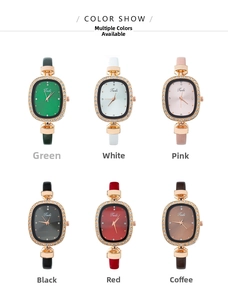 Six colors of women's oval quartz watches with diamond bezels and leather straps