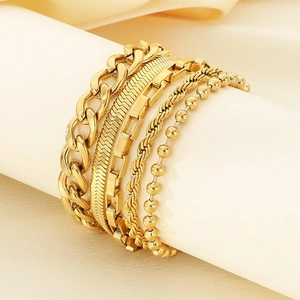 Detail of 18K gold plated stainless steel multi-layer bracelet set on a white stand