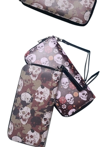 Detailed view of skull print long wallets with wrist straps and metal zippers